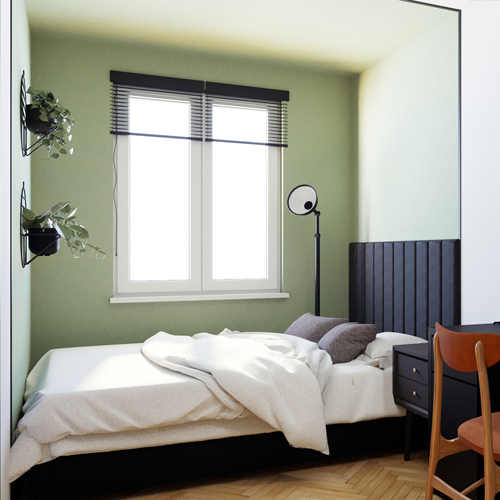 Projekt sypialni w stylu mid century modern. M2 Architektura architekt Katowice