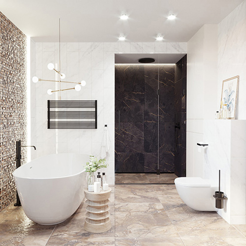 Projekt łazienki z kamiennymi płytkami i złotymi dodatkami. M2 Architektura architekt Katowice