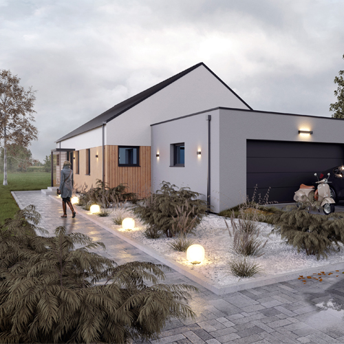 Projekt domu w stylu nowoczesnej stodoły z garażem dwustanowiskowym i bezokapowym dachem dwuspadowym. M2 Architektura - Pracownia Projektowa Katowice.