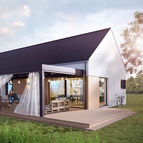 Dom jednorodzinny z dwuspadowym dachem bezokapowym i zadaszonym dużym tarasem. M2 Architektura Katowice - Pracownia Projektowa