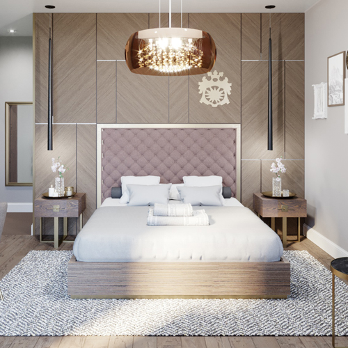 Wizualizacja hotelu pokazująca frontalny widok na drewnianą ścianę oraz tapicerowane wezgłowie łóżka.
