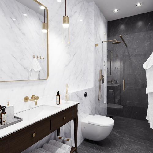 Projekt łazienki w hotelu ze stylizowaną szafką pod umywalką oraz marmurowymi płytkami.